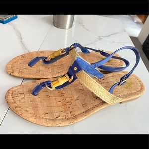 Kohl’s Bright Blue W Gold Accent Cork Bottom Thong Sandals Large 9/10
